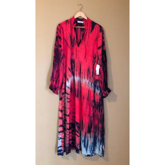 NWT Lacausa tie dyed red pink blue boho midi tiered Firecracker Roma dress - Picture 5 of 8